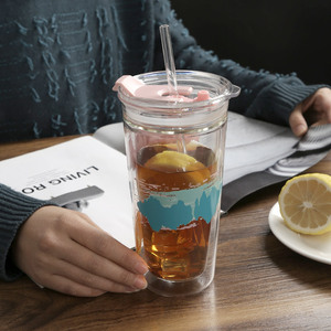 创意卡通双层耐热玻璃吸管杯夏季隔热可爱水杯带盖男女饮料泡茶杯