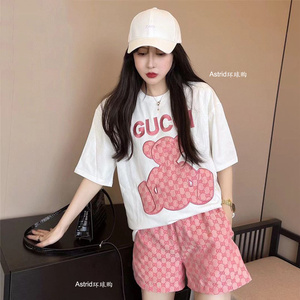 gucci/古驰 22夏款老花小熊字母logo刺绣圆领短袖短裤男女t恤