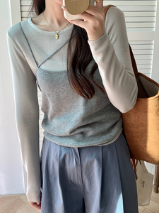 Uniko灰色吊带针织假两件毛衣女早春新款韩版时尚针织衫打底上衣