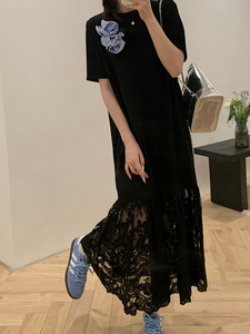Uniko蕾丝拼接短袖t恤裙连衣裙女夏韩版宽松时尚气质鱼尾裙中长裙