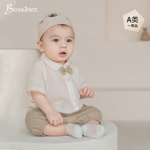 韩国Benzdeer24夏男宝宝领结婴幼儿童百天周岁礼服短袖绅士棉衬衫