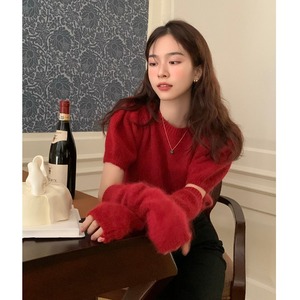 超好看的红色毛衣女春秋本命年上衣泡泡短袖高级设计配袖套针织衫