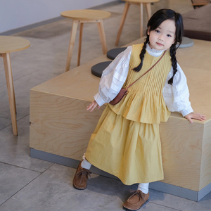 韩国童装女童春装套装2024新款女孩甜美泡泡袖衬衫纯色马甲半身裙