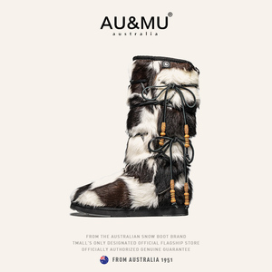 AUMU2023新品澳洲羊皮毛一体雪地靴时尚高筒民族风黑色过膝长靴女