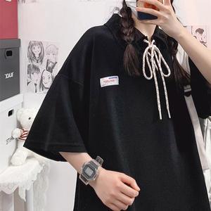 黑色短袖polo领t恤女2022流行学生甜美韩系上衣夏季设计感小众ins