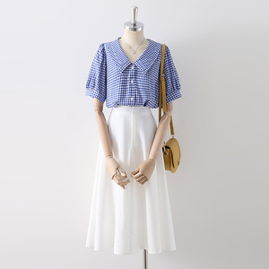 夏季套装女蓝色泡泡袖格子娃娃领衬衫白色高腰中长款半身裙两件套