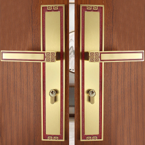 新中式黄铜门锁室内卧室双开大门锁静音家用房间木门锁通用型对开