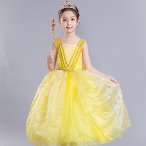 贝尔公主裙女童迪士尼儿童黄色cos迪斯尼贝儿 美女与野兽连衣裙夏