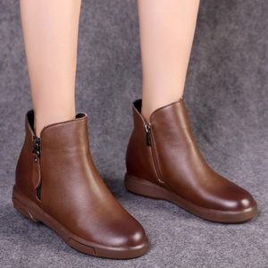 真皮复古短靴女平跟厚底妈妈棉靴女式软底中年加厚羊毛棉皮鞋冬鞋