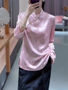 欧货外贸女装出口欧美中式国风粉色缎面提花上衣显瘦内搭盘扣衬衫