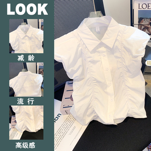一线品牌剪标女装大牌外贸出口孤品样衣夏季polo领褶皱无袖白衬衫