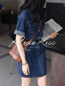 Rixo Kiss法式复古蓝色牛仔连衣裙女夏港风收腰短款衬衫连体裙子