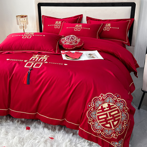 大红色高端婚庆四件套纯水洗棉被套床单婚房结婚中式喜庆床上用品