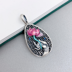 990足银水滴形莲花佛手项链锁骨链镂空雕花工艺心经吊坠古风饰品