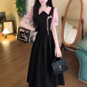 茶歇法式复古假两件短袖连衣裙女夏季大码气质甜美少女粉红色长裙