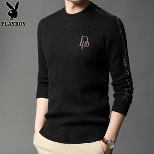 花花公子毛衣男圆领冬装加绒加厚套头针织衫时尚潮牌男装打底上衣