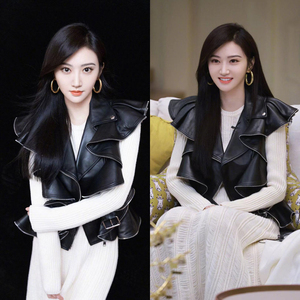 明星景甜同款衣服黑色皮衣2022年春新款无袖外套女宽松夹克马甲潮