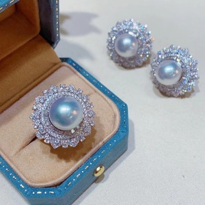 澳洲正圆大颗粒白珍珠戒指s925银项链女款吊坠奢华满钻耳钉三件套