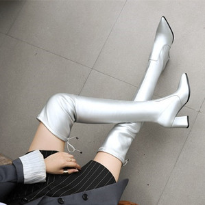 明星同款银色过膝靴显瘦银色长靴包腿粗高跟过膝长筒靴大码43-46