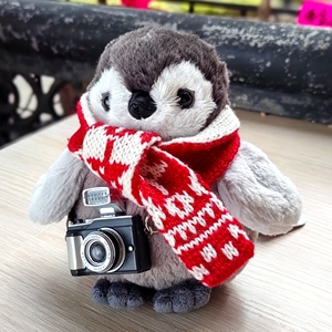 日本正版Sunlemon帝企鹅宝宝毛绒公仔围巾相机小记者可爱动物玩具