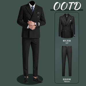 啄木鸟新款黑色新郎西服套装男双排扣商务正装宴会演出韩版西装
