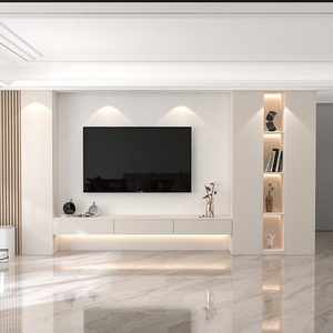 现代客厅岩板电视柜一体组合墙柜奶油风背景墙实木柜书柜全屋定制