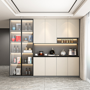 奶油风餐边柜一体靠墙高柜现代简约轻奢客厅储物玻璃酒柜全屋定制