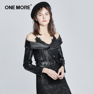 one more春新款一字领露肩机车皮衣