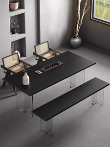 亚克力实木悬浮书桌办公室碳化黑色泡茶桌长方形白蜡木会客桌组合