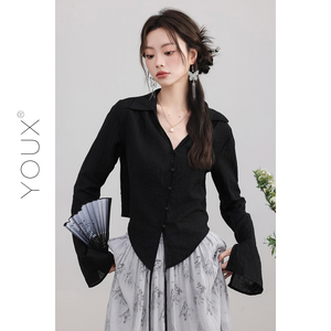 YOUX【画舫】黑色衬衫女2024春季新款时尚新中式宽松长袖v领上衣