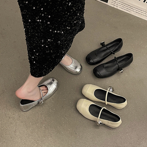 银色休闲玛丽珍鞋女士2024年春夏新款浅口单鞋粗跟一字带法式晚风