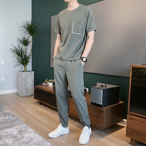 夏季男士休闲运动套装时尚潮流搭配帅气百搭青年男装冰丝短袖衣服