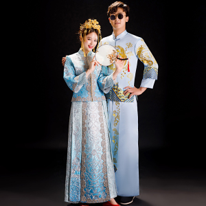 秀禾服新娘2020新款中式结婚抖音同款蓝色礼服新郎装接亲唐装秀禾