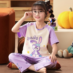 女童睡衣春夏季纯棉可爱超萌小女孩短袖长裤初中学生中大童家居服