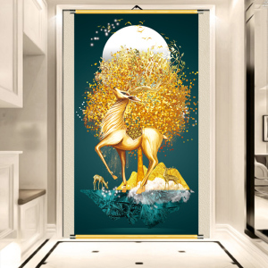 羽毛麋鹿财鹿玄关客厅装饰画轻奢简约石来运转卷轴挂画布画竖版