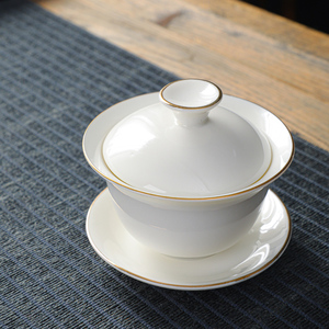 德化羊脂玉金边盖碗 茶具茶碗三才碗陶瓷茶具泡茶器大中小号定制