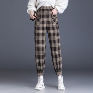 格子毛呢裤子秋冬款萝卜裤女新款高腰宽松显瘦百搭小脚九分哈伦裤