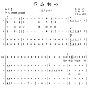 不忘初心合唱谱:二 四声部简谱 钢琴伴奏总谱 伴奏音乐音频 示范