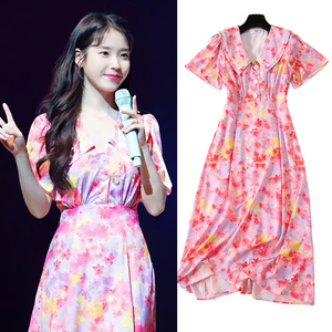 甜美气质波西米亚iu李知恩同款雪纺印花连衣裙短袖女娃娃领大摆裙
