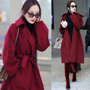 高端定制杨幂明星同款酒红色双面羊绒羊毛大衣呢子外套女中长款冬