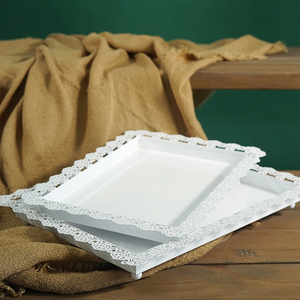 欧式托盘长方形西点盘铁艺蛋糕盘甜品展示方盘蕾丝边茶盘白色平盘