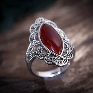 欧美复古民族风仿泰银人工红玛瑙红宝石戒指女 时尚百搭礼物中指