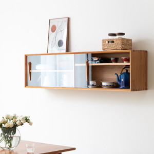 北欧实木吊柜挂墙式藤编悬空壁柜客厅电视柜日式简约厨房挂壁储物