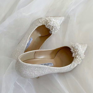 婚鞋水晶鞋白色单鞋高跟鞋尖头细跟手工串珠原创设计婚宴鞋