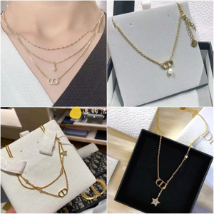 dior迪奥新款镶钻三层颈链女士猪鼻子脖链星星双层cd珍珠吊坠项链