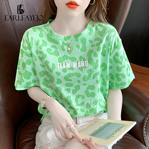 夏季豹纹纯棉短袖t恤女装夏装2024年新款潮上衣设计感洋气打底衫
