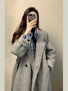 Rouje Kefss法式气质灰色呢子大衣女秋冬季毛呢外套加厚长袖长款