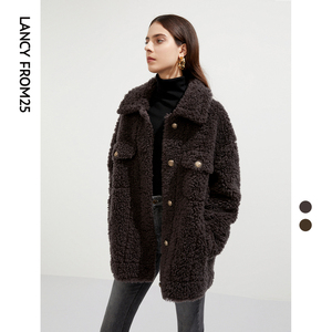 朗姿短款颗粒全羊毛气质外套冬季新款加厚仿皮草大衣女装高级感