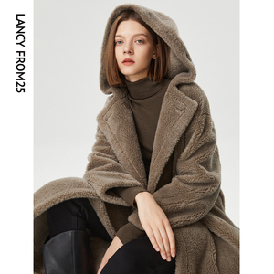 朗姿纯羊毛外套女冬季新款法式中长款连帽泰迪颗粒羊毛大衣高级感