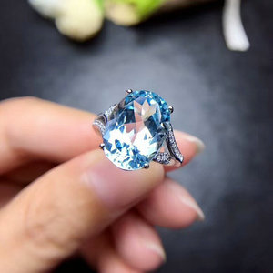 天然托帕石戒指女s925纯银镶嵌浅蓝色宝石食指环活口时尚个性韩版